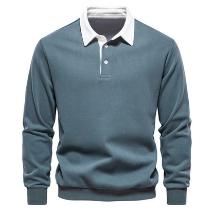 Men’s Long Sleeve Polo Sweatshirt – Casual Pullover Top with Contrast Collar – Versatile Fall Layer
