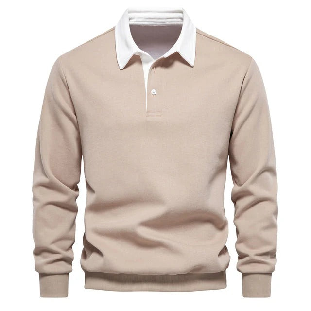 Men’s Long Sleeve Polo Sweatshirt – Casual Pullover Top with Contrast Collar – Versatile Fall Layer