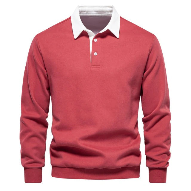 Men’s Long Sleeve Polo Sweatshirt – Casual Pullover Top with Contrast Collar – Versatile Fall Layer