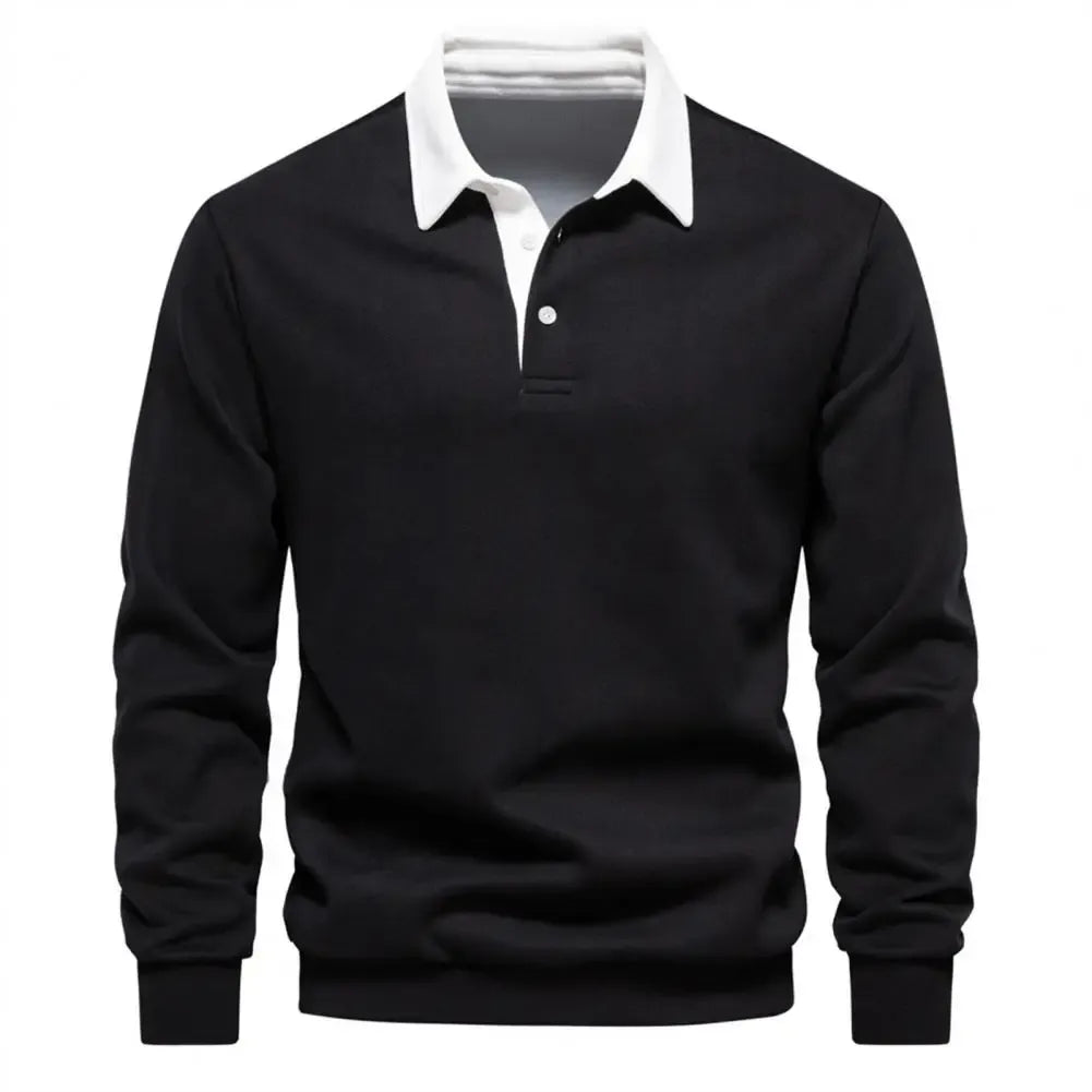 Men’s Long Sleeve Polo Sweatshirt – Casual Pullover Top with Contrast Collar – Versatile Fall Layer