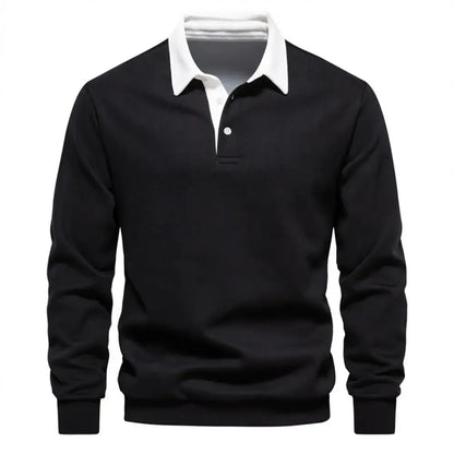 Men’s Long Sleeve Polo Sweatshirt – Casual Pullover Top with Contrast Collar – Versatile Fall Layer