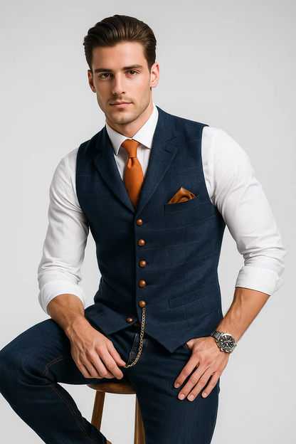 Men’s Formal Buttoned Vest – Tailored Sleeveless Waistcoat with Pocket Detail – Classic Layer for Business and Events