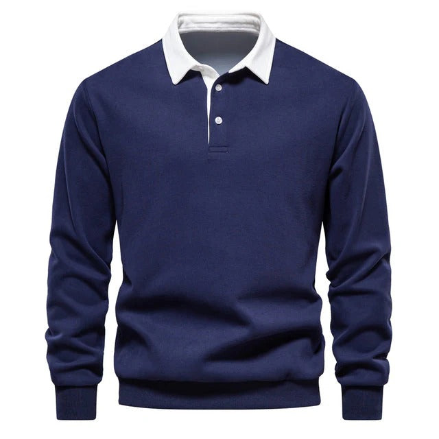 Men’s Long Sleeve Polo Sweatshirt – Casual Pullover Top with Contrast Collar – Versatile Fall Layer
