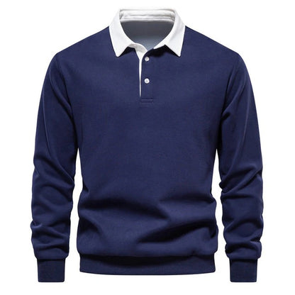 Men’s Long Sleeve Polo Sweatshirt – Casual Pullover Top with Contrast Collar – Versatile Fall Layer