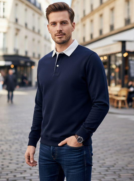 Men’s Long Sleeve Polo Sweatshirt – Casual Pullover Top with Contrast Collar – Versatile Fall Layer